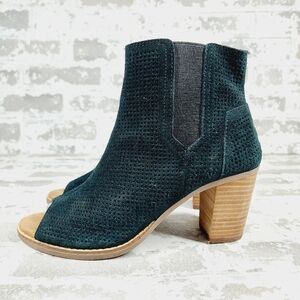 Toms Black Leather Majorca Peep Toe Chunky Block Heel Ankle Booties F984